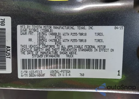 2015 Toyota Tundra Sr5 5.7L V8 из США, поврежденный, VIN 5TFDW5F19FX464398